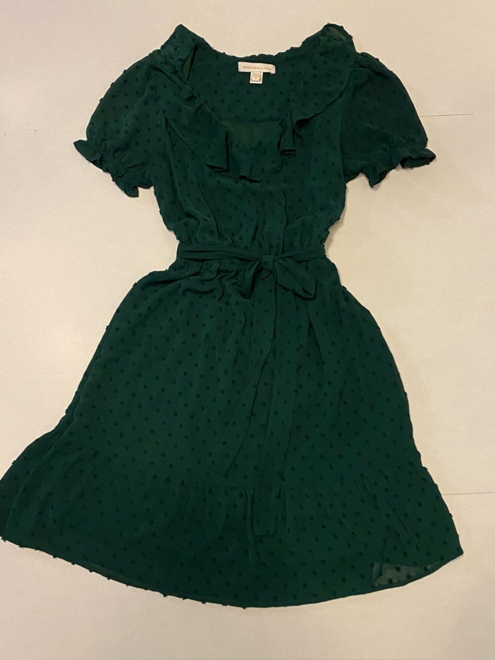Dark Green Dotted Swiss Waist Tie Ruffle Dress, Monteau – Size Small